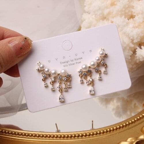 Korea New Fashion Jewelry Exquisite Copper Inlaid Zircon Irregular Tassel Earrings Elegant Pearl Everyday All-match Earrings