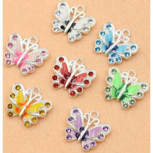 Mix Lot Silver Plated Enamel Crystal Butterfly Charms Pendants for Jewelry Making Diy Accessories Handmade