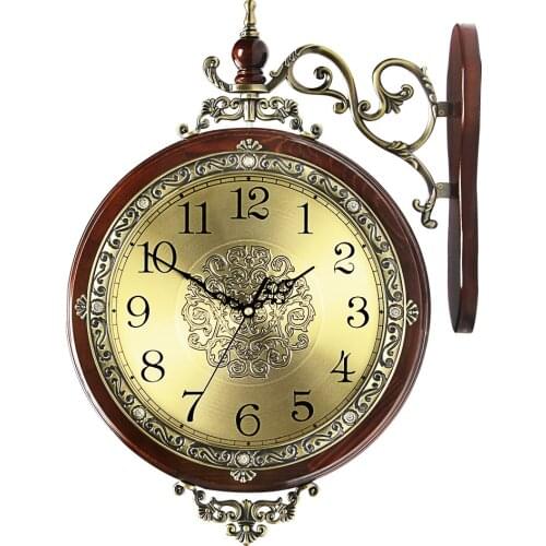 Wood Nordic Wall Clock Creative Metal Gold Living Room Decoration Silent Movement Wood Frame Modern Double Faced Clocks Gift