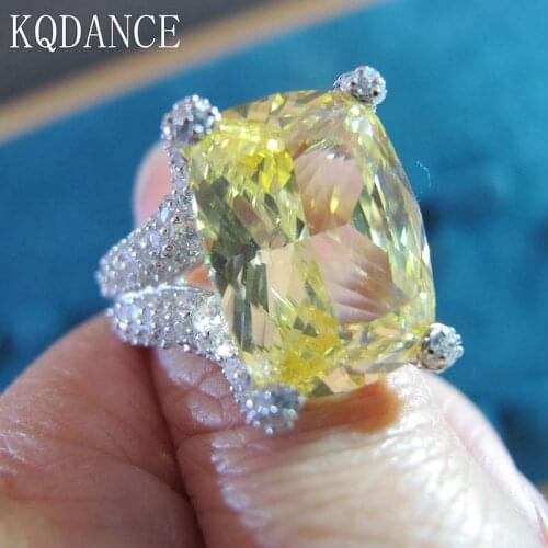 Real 925 Sterling Silver Rings With Emerald Cut Big Yellow Stone Created Diamond Moissanite Citrine Gemstone Wedding Ring 2021