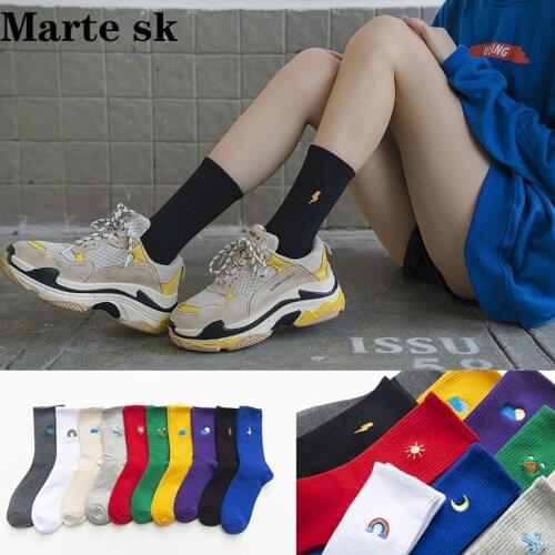 New Kawaii fashion Korean women style long socks meia fun sun moon windmill rainbow pattern cotton socks cartoon weather Sox