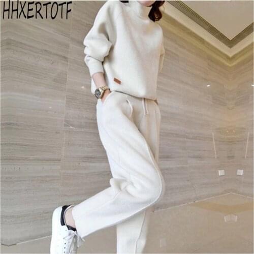 2020 autumn winter Womens suit new double-sided cashmere knit suit female loose harem radish pants casual knit two-piece