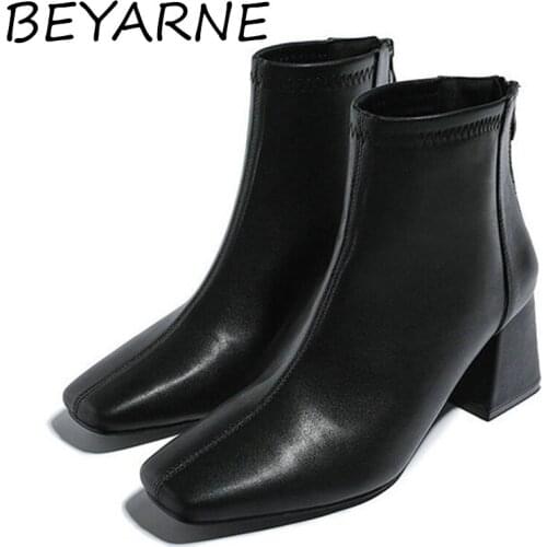 BEYARNE2021Autumn And Winter Martin Boots Women Fashion Square Toe Thick Heel Short Boots Women