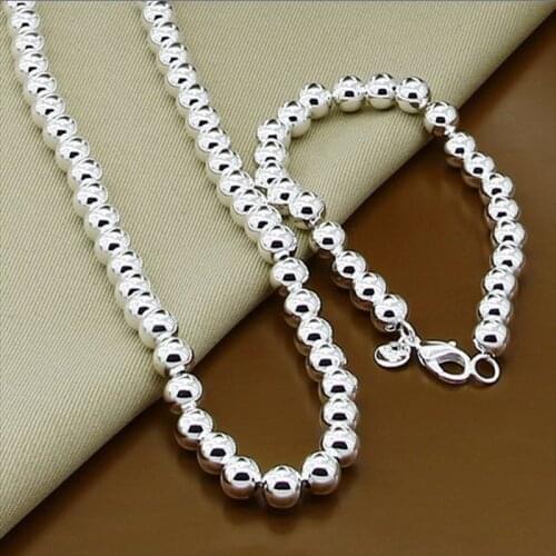 Wholesale Silver Color Jewelry Sets 8mm Smooth Round Ball Bracelet Necklace Set for Women Men E221