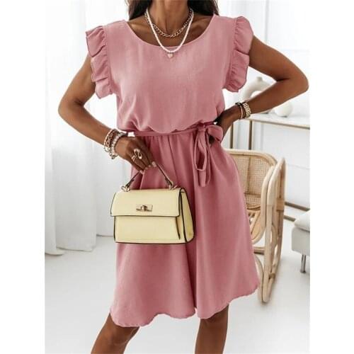 New Solid Color Dress 2021 Summer Comfortable Waist Belt Lotus Leaf Sleeve Ladies Mini Dress White Pink Purple Sky Blue Vestidos