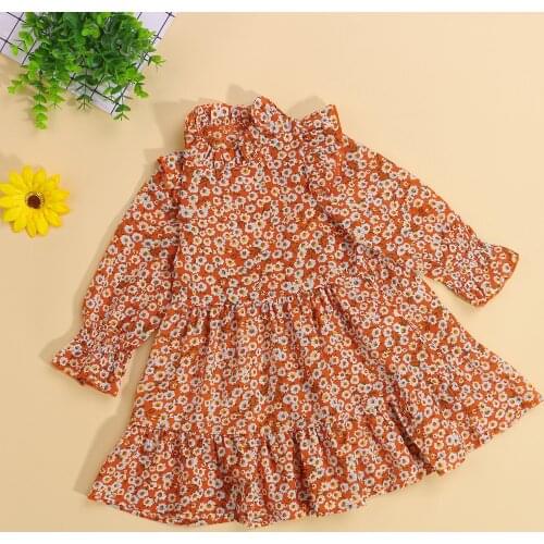Princess Long Sleeve Little Girls Floral Print Dresses Cute Floral Printed Ruffle Collar Loose A-Line Dress Toddler Fall Clothes