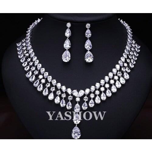 LUXURY BEST QUALITY BRILLIANT CRYSTAL ZIRCON DROP EARRINGS AND NECKLACE DINNER JEWELRY SET WEDDING DRESS ACCESSARIES