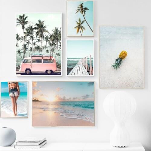 Pink Car Tree Beach Girl Pineapple Landscape Wall Art Canvas Painting Nordic Posters And Prints Wall Pictures For Living Room