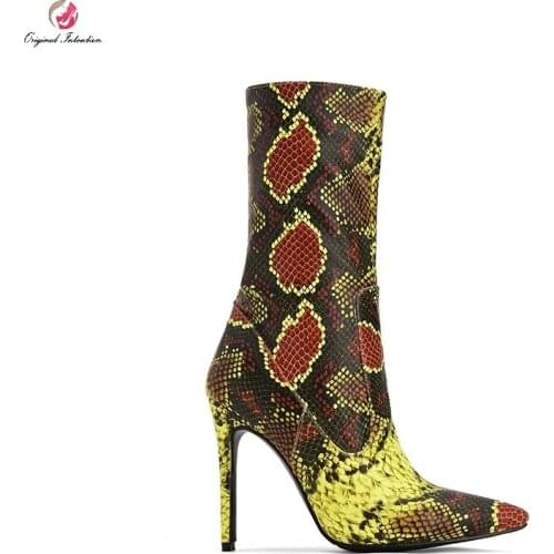 Winter Fashion Women Boots Snake Striped Leather Pointed Toe Side Zip Mid Calf Boots Sexy Stilettos High Heels Boots Women Shoes