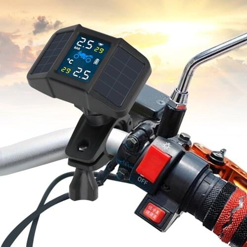 Motorcycle Tire Pressure Monitoring System TPMS Solar Power With 2 External Sensors Display Pressure Temperature Alarm