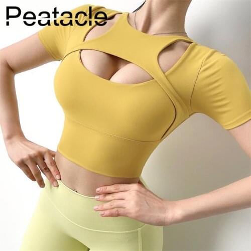 Peatacle Sports Gym Shirt Womens Shockproof Running Fitness Top Summer Yoga Short Sleeve with Chest Pads