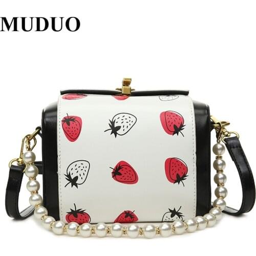 Brand Womens Shoulder Bags Strawberry Printed Handbags and Purses High Quality Leather Square Bag Luxury Pearl Cosmetic Bags