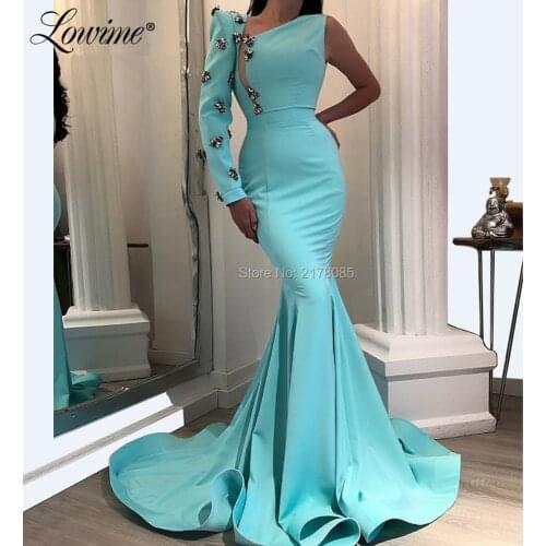 Crystals One Shoulder Party Dress With Long Sleeves Cheap Prom Dresses Custom Made Vestido De Festa Aibye Formal Evening Dress