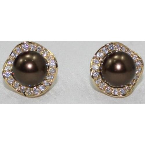 Womens fashion simple gold plated micro inlaid white diamond Brown Shell Pearl Earrings