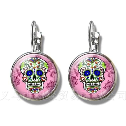 Mexico Candycolor Skeleton Earrings Glass Dome Bohemia Silver Plated Stud Earrings Personalized Jewelry Day Of the Dead Gifts