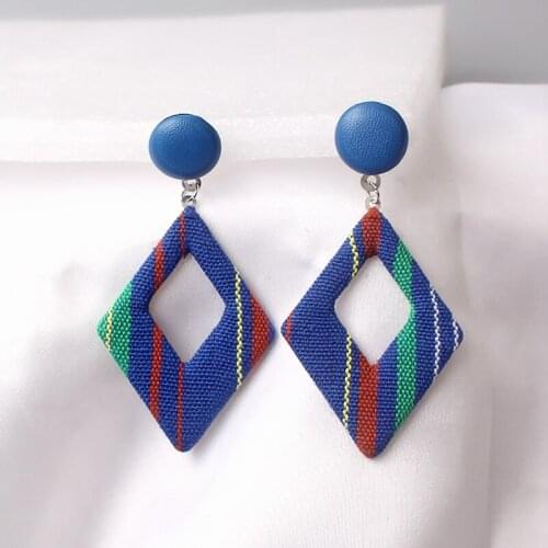 Korean Styles Geometric Statement Drop Earrings For Women Colorful Cloth Rhombus Leather Button Earing Fashion Jewelry Gift