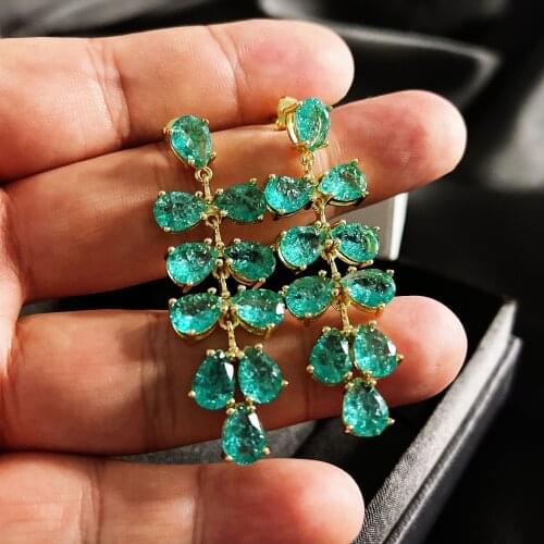 Peacock Green Cracked Zircon Earrings Female Gold Color Leaves Elegant Crystal Drops Earrings Handmade Jewelry Ladies Earing