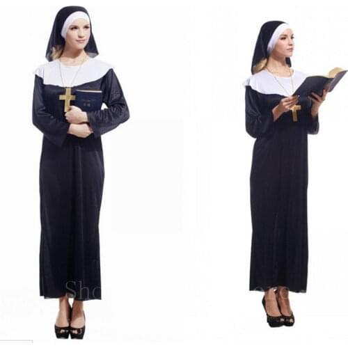 Virgin Mary Nuns Costumes Woman Halloween Cosplay Christian Religion Monk Robes Stage Performance Priestess Dress Scarf
