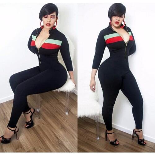 2018 Bodycon Jumpsuit Bodysuit Women Long Sleeve Women Overalls F0504 CHEAPEST Black Playsuit Long Pants Chest Zipper