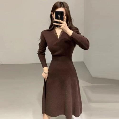 Autumn Winter Women Elegant Korean V Neck Full Sleeve A Line High Waist Ladies Knit Sweater Dress Elegant Casual Knitwear Dress