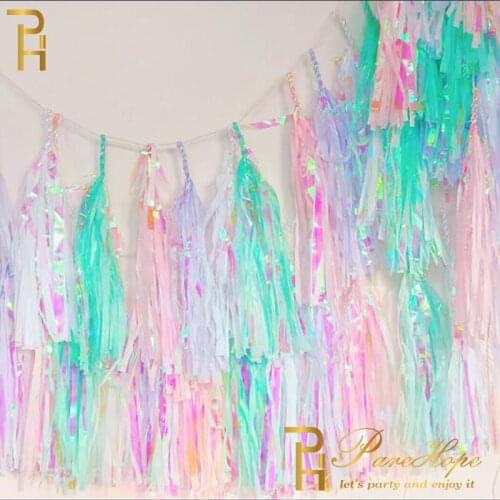 10pcs Theme Parties Iridescent Paper Tassel Garland Curtain Mermaid Baptism Birthday Party Wedding Decoration Baby Shower Decor