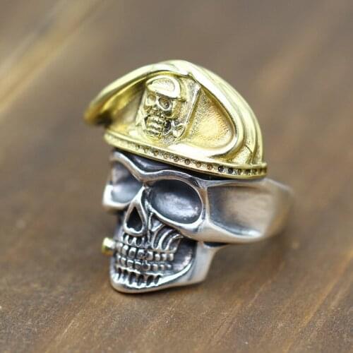 100%S925 personality carved vintage World War II officers hat skull sterling silver ring free shipping