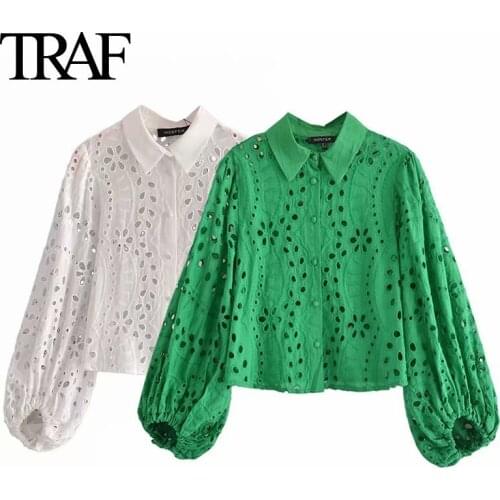 TRAF Za Women Fashion Embroidered Hollow Out Long Sleeve Blouses White Shirts Vintage Lantern Sleeve Office Ladies Tops Mujer