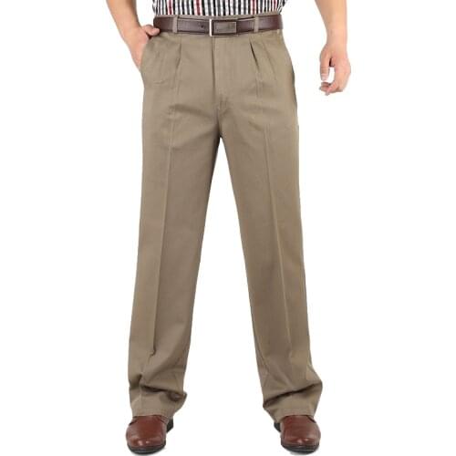 Middle-aged Cotton Pants High Waist Mens Trousers Double Pleated Loose Autumn Winter Thicken Warm Business Casual Pants 30-46