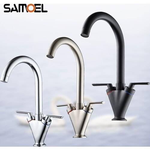 Economic Brass Black Dual Handle kitchen faucet Mixer Deck-mount Single-hole Chrome Sink Cold Hot Water Taps B3392