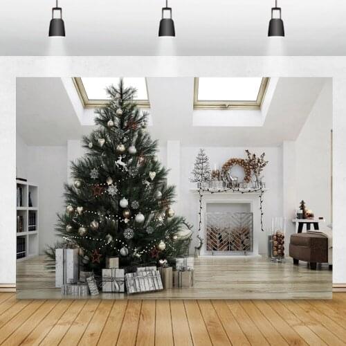 Winter Christmas Tree Gifts Fireplace Living Room Scene Family Shoot Party Photozone Photo Backdrop Photography Background