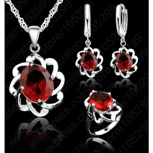 Hot Sale Jewelry Set 925 Sterling Silver Chains Red Austrian Crystal Earring/Necklace /Ring Set Wedding Gift For Women