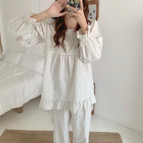 Alien Kitty White Minimalist Plaid Cotton New Square Collar Chic Loose All Match Puff Sleeves Sweet Pajamas Sets Home Clothes
