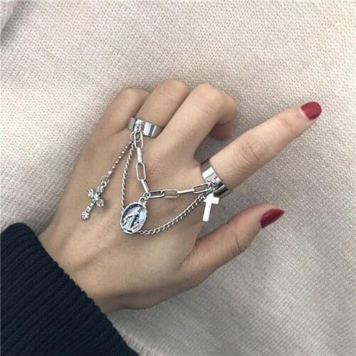 Cool Punk Hip Hop Cross Rings For Women Multi-layer Adjustabl Chain Open Finger Men Rotate Ring Trendy Jewelry Party Gift 2021