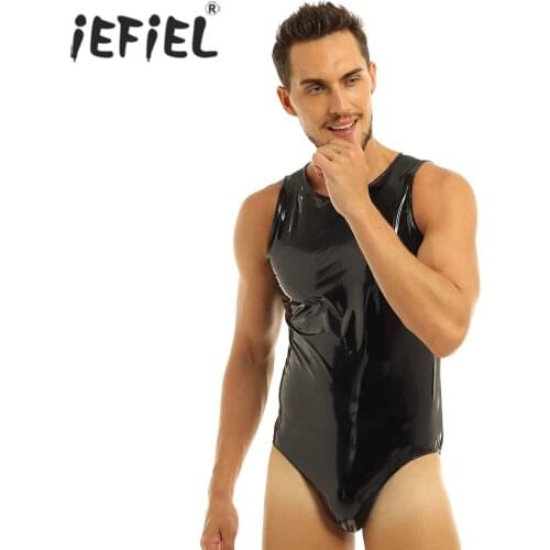 IEFiEL Men Lingerie Wetlook Sexy Clubwear Jockstraps Bulge Pouch Leotard Back with Zipper Bodysuit Catsuit Gay Mens Bodystocking