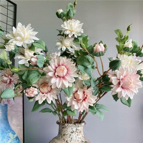 NEW Dahlia branch silk white Artificial Flowers with fake leaves for Wedding garden hotel Decoration flores