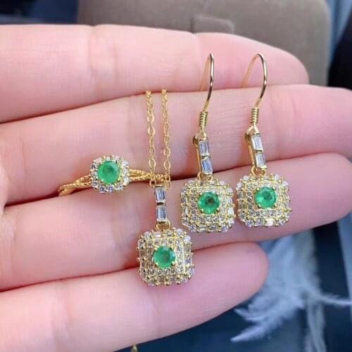 Engagement Best Gift set Natural Real Emerald 925 sterling silver 1pc Emerald pendant,1pc Emerald ring,2pcs Emerald Earring