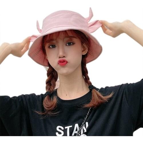 Korean Women Men Summer Cotton Bucket Hat Milk Cow Pattern Kawaii 3D Ox Horn Ears Wide Brim Sunscreen Fisherman Cap