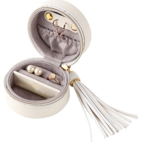 Portable Jewelry Box Storage Organizer PU Leather Small Round Jewellery Case Rings Earrings Zipper Box for Women