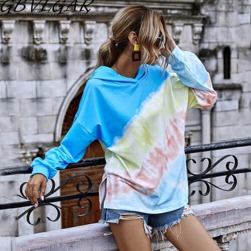 Casual 2020 Autumn Long Sleeve Hooded Pockets Cartoon Tops Sexy Lady Water Blue Pullover Tie Dye Fleece Sweet Daily Hoodies