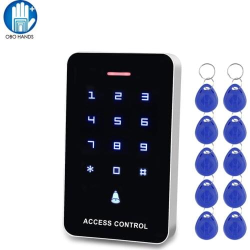 OBO Touch Panel Access Control Keypad RFID Reader Keyboard Access Controller WG26 Door Bell Button + 10pcs EM4100 Keyfobs Tags