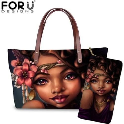FORUDESIGNS Top-Handle Bags for Women Black Art African Girls Printing 2pcs/set Shoulder Tote Bag Ladies Large Capacity Handbags