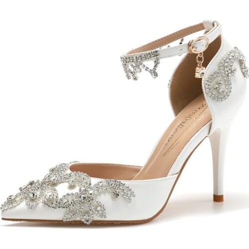 BaoYaFang Bridal Wedding Shoes Fashion Sandals Summer Thin Heel Crystal Party Dress Shoes Woman High Pumps Pearl Female Sandals