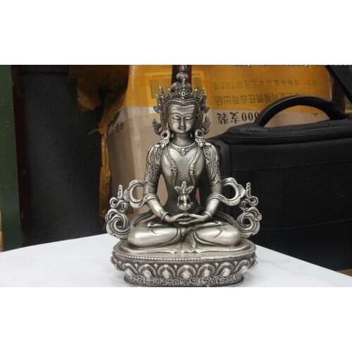 Tibet White Copper Silver Amitayus longevity Kwan-yin Bodhisattva Goddess Statue