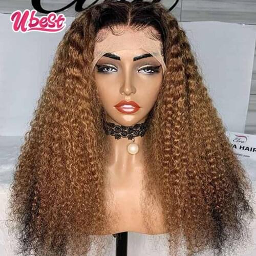 Ubest Ombre Lace Frontal Wig Kinky Curly Lace Front Wig Peruvian Virgin Curly Human Hair Wigs Top Hairline Pre Plucked for Women