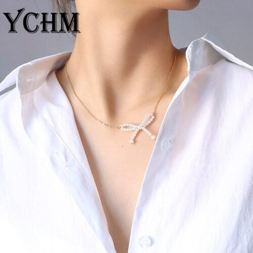 YCHM Bowknot Pearl Necklace Womens Stainless Steel Chain Necklace Vintage Pearl Choker Necklaces for Girlfriend Fashion Jewelry