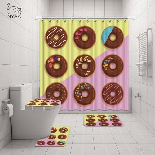 Cute Sweet Colorful Donuts Shower Curtain 4 Piece Carpet Cover Toilet Cover Bath Mat Pad Set Bathroom Curtain with 12 Hooks