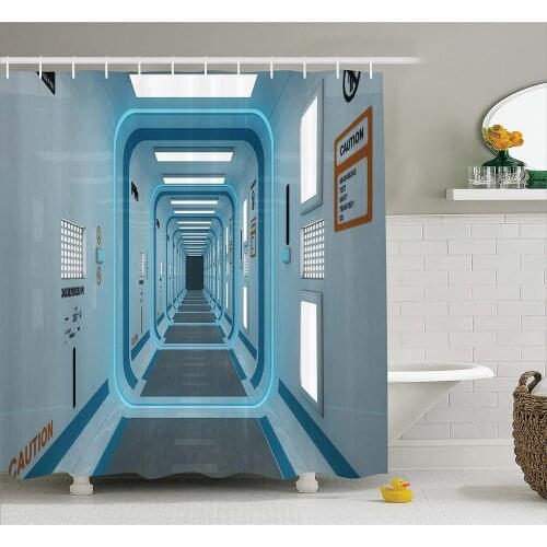 Outer Space Shower Curtain Galactic Hallway with Caution Signs Discovery UFO Invasion Print Artwork Bath Curtains For Bathroom