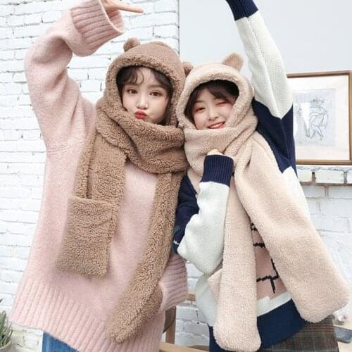 Women Winter One-Piece Hat Scarf 2020 Cute Bear Ears Hooded Earflap Cap Thicken Plush Solid Color Neck Warmer Party Photo Props