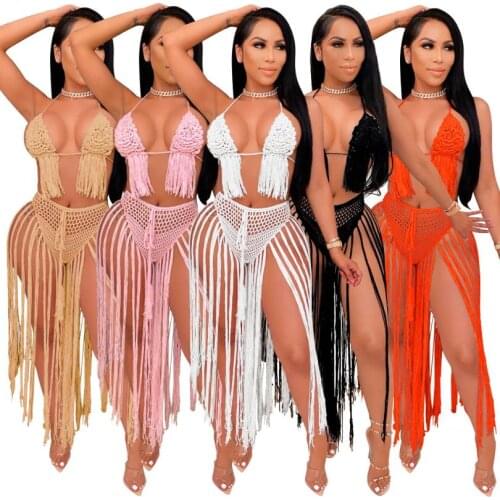 Women Kniting Bikini Sets Fashion Knitted Hollow Out Beach Cover-Ups Sets Beach Tassles Skirts +V-neck Halter Camis Beachwear