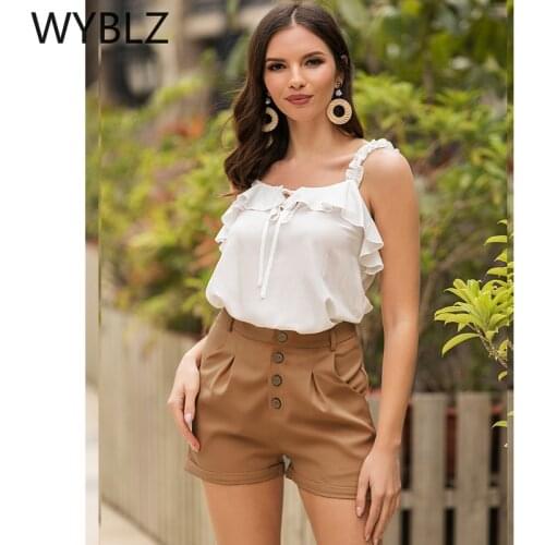 WYBLZ 2021 Summer Women Elegant Vacation Leisure Suit Sets Female Holiday Spaghetti Strap White Sling Top & Short Sets